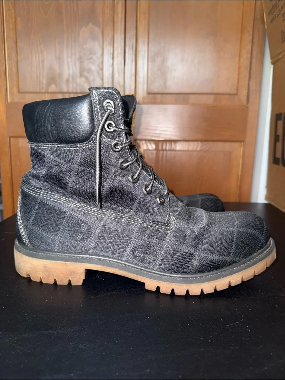 Timberland Men's Black Patterned Boots with Tan Outsole